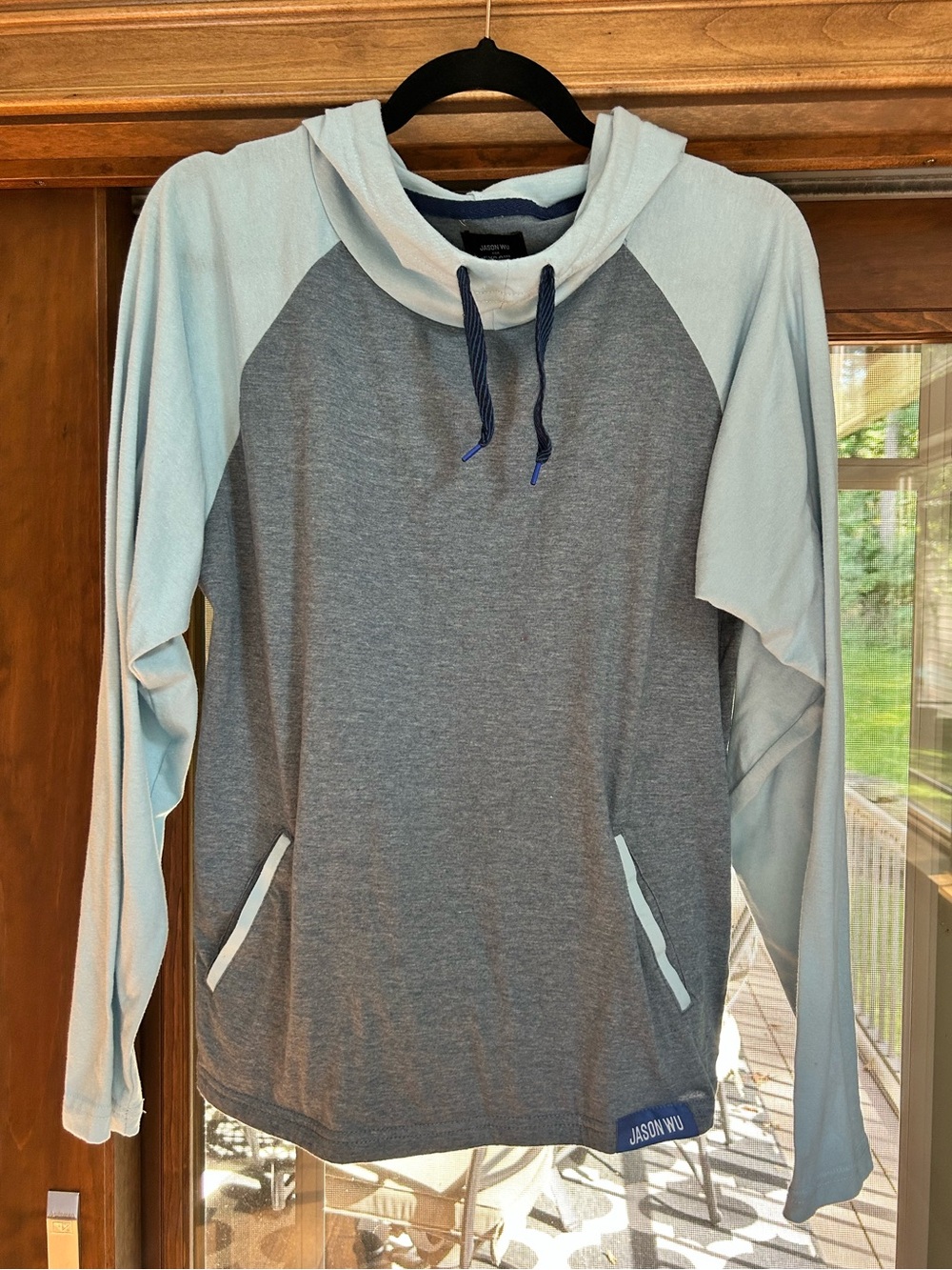 Jason Wu Light Blue and Gray Hooded Raglan Pullover